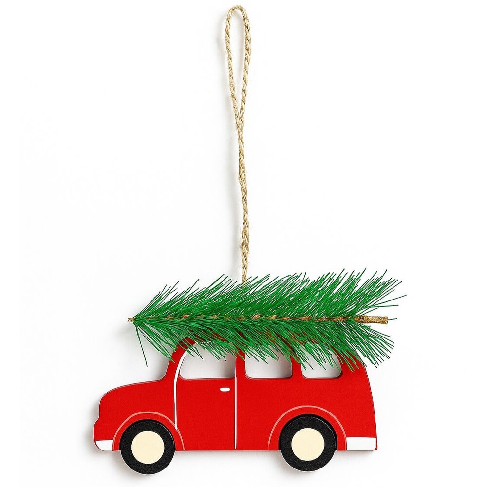 Hanging Wooden Red Sedan Christmas Tree Ornament Gift Tag Retro Inspired NEW